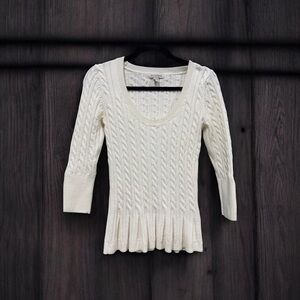 Boston Proper Cream Cable Scoop Neck Sweater with Peplum Hem